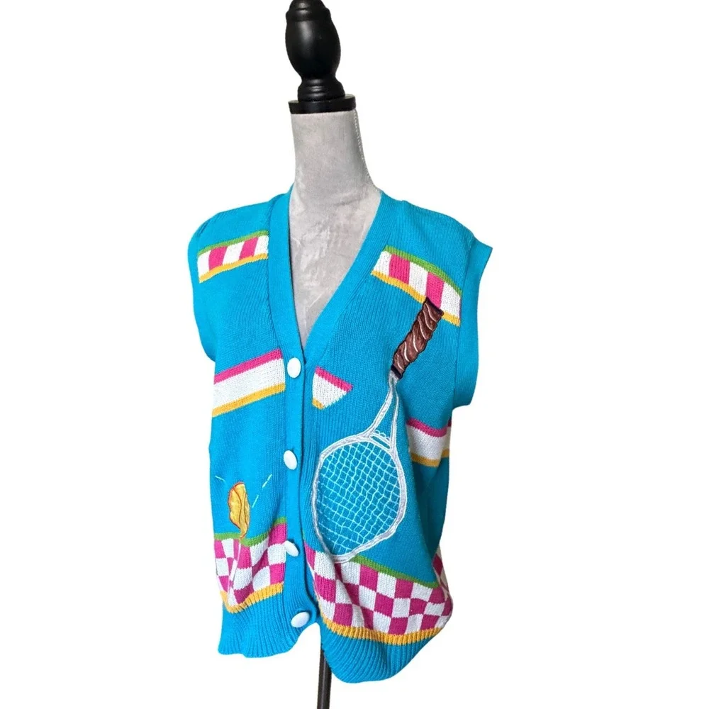 Lizi Ruch Vintage Tennis Sweater Vest Turquoise Blue Cotton Knit Cardigan Medium - Picture 8 of 10